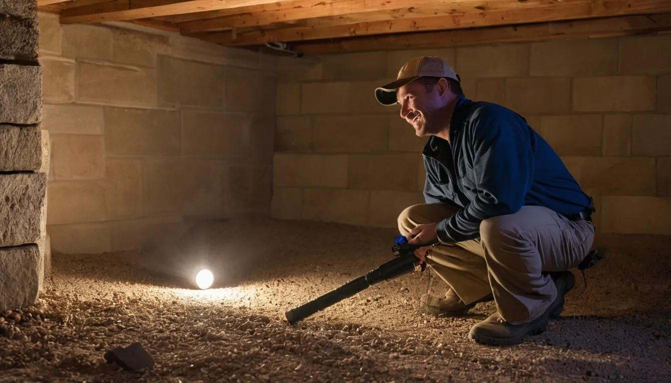A provider checking a basement stone foundation for pest entry points